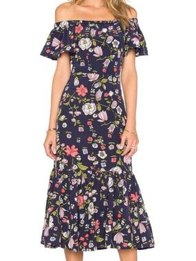 Rebecca Taylor Navy Floral Off-Shoulder Midi Dress